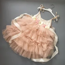 Мягкое длинное платье цвета шампанского с цветочным поясом, детское летнее платье, розовые платья на день рождения, 5 многослойных нарядных свадебных платьев