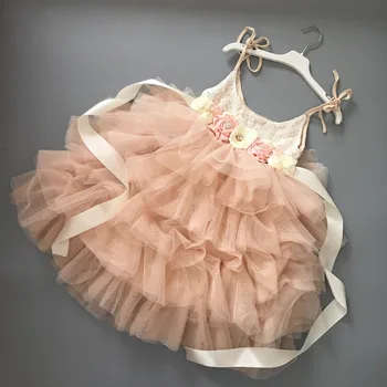 

Soft Guaze Champagne Floral Belt Long Dress Kids Summer Dress Pink Birthday Dresses 5 layered Cake Bridal Dress