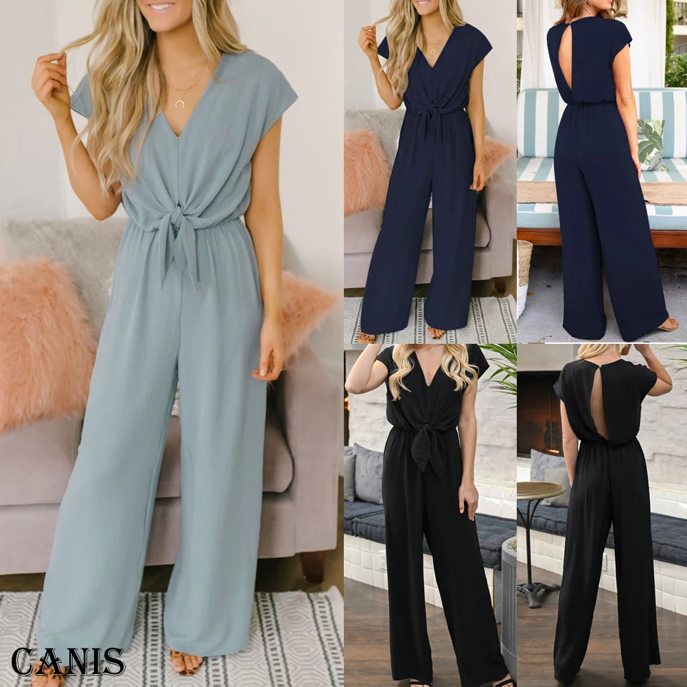 Fashion Jumpsuit Women V Neck Short Sleeve Summer Jumpsuit Office Work Wear Elegant Wide Leg Jumpsuits