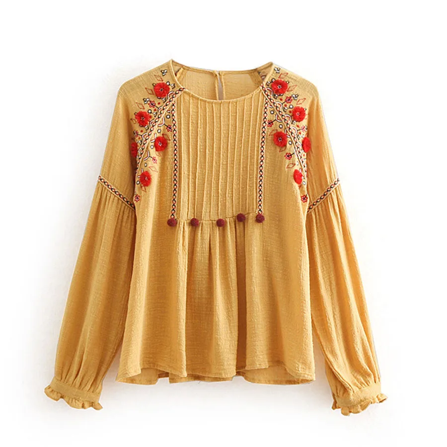 TEELYNN Boho блузки желтый Лен цветочной вышивкой блузка длинные рукава с круглым