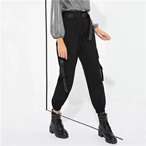 SweatyRocks, однотонные брюки-карго с карманами, уличная одежда, женские черные брюки в стиле рок, весна, женские повседневные брюки с поясом - Цвет: Черный