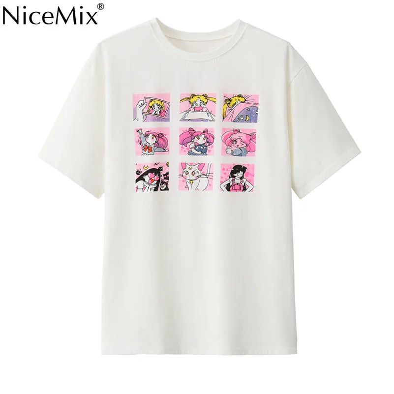 NiceMix кавайная футболка летние женские топы Харадзюку футболки с принтом Сейлор Мун свободные с коротким рукавом размера плюс женская футболка