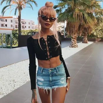 

Fashion Style Women Long Sleeve Lace Up Pullover Crop Off Shoulder Shirt Tops Ladies Casual Blouse Women Sexy Clothes