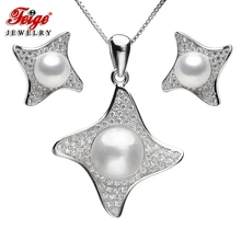 Звезда feige-shaped жемчужные Ювелирные наборы белый пресноводный жемчуг кулон ожерелье и серьги наборы стерлингового серебра 925 ювелирные изделия