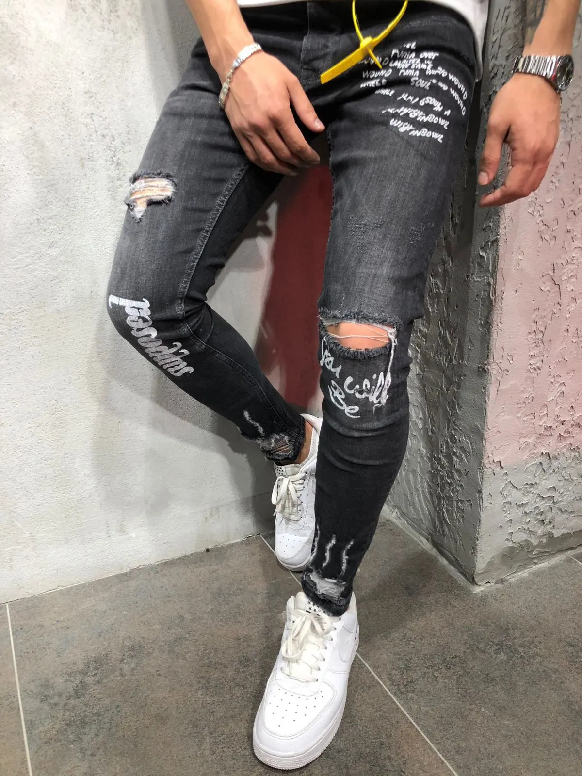 Men's New Stretchy Ripped Skinny Jeans Destroyed Denim Pants Mens Casual Elastic Waist Pencil Pants