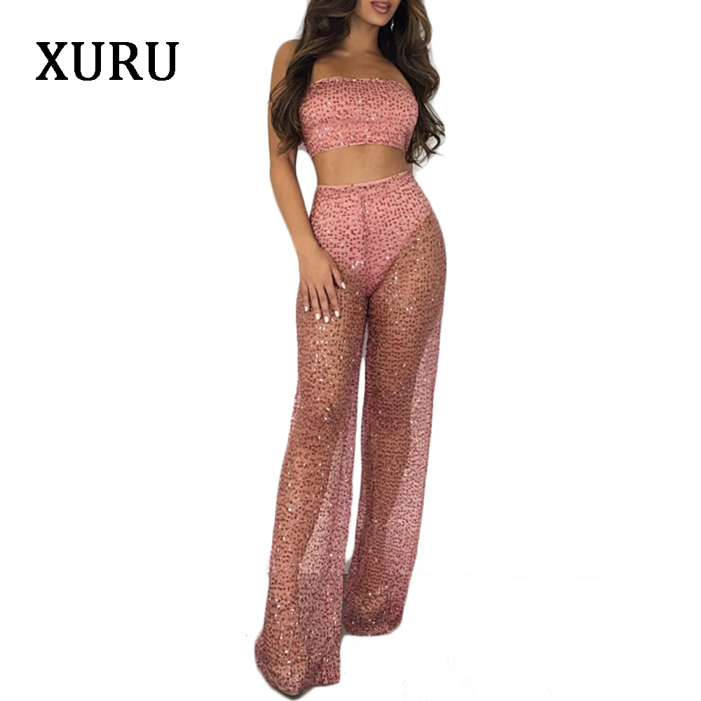 

XURU Sexy Strapless Sequined Jumpsuits For Women See Through Mesh Two Piece Set Wide Leg Jumpsuit Womens Club Sexy Jumpsuits