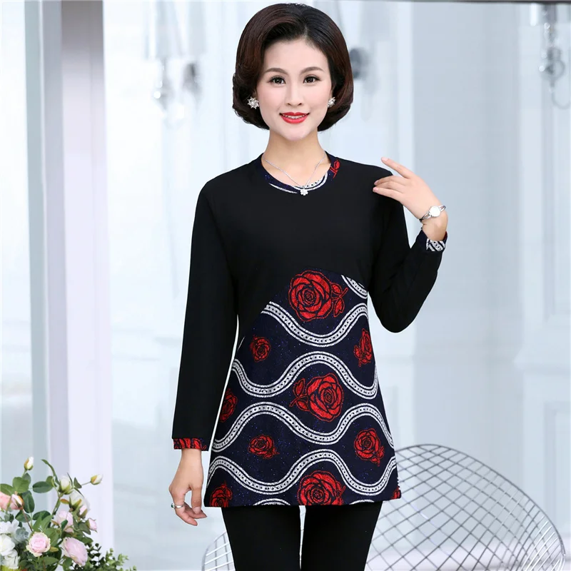 

Long Sleeve Bottoming Shirt For Women 2019 Fall Spring New Middle Age Mother Pullover Casual Loose Plus Size O-Neck Tshirt Top