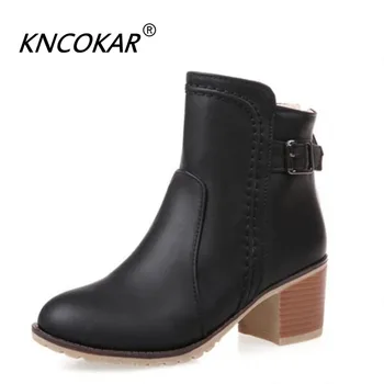 

New spring 2018 chunky Martin boot academy style women's mid-heel short boots belt buckles single boot small size big size