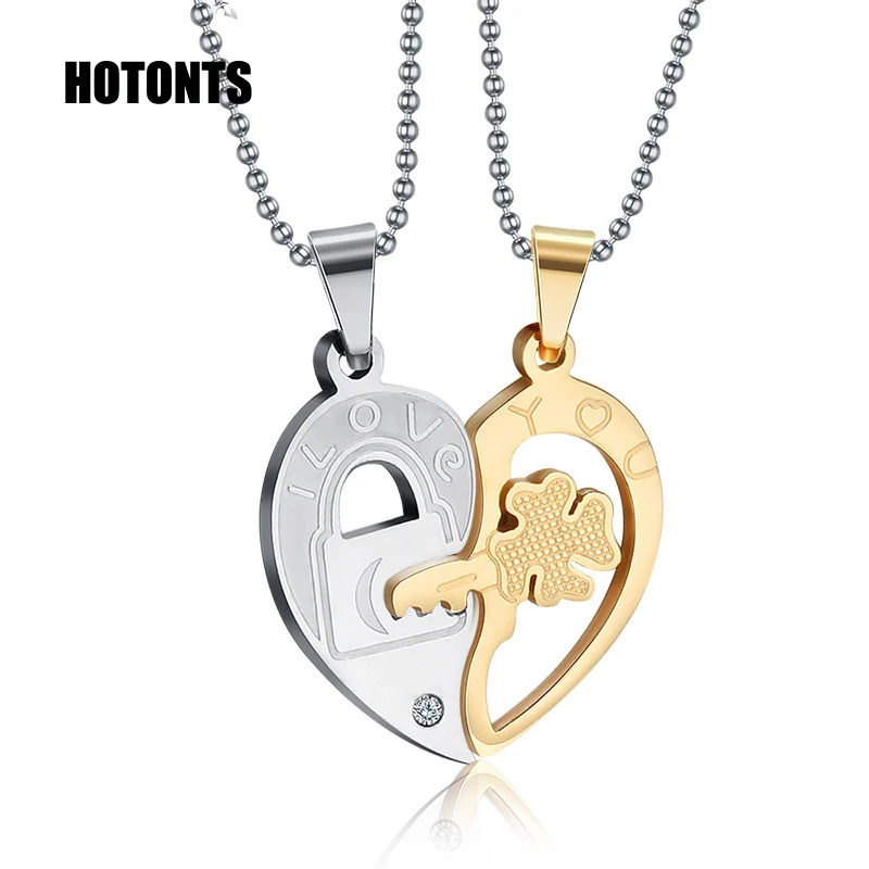 CN-038 2pcs/lot Men Women Stainless Steel Key Heart Couple Pendant Necklace With Cubic Zirconia Romantic Lovers Puzzle |