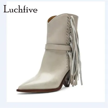 

Fahion fringe spike high heels winter boots women sexy pointy toe slip on ankle boots black beige outwear tassel shoes women