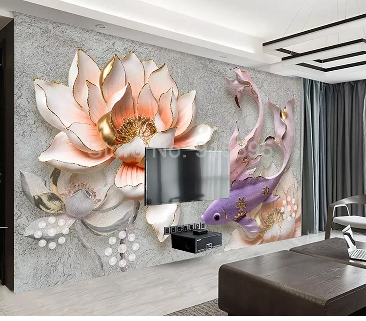 Пользовательские самоклеющиеся фотообои Lotus Fish 3D спальня гостиная диван ТВ фон украшение дома настенная живопись