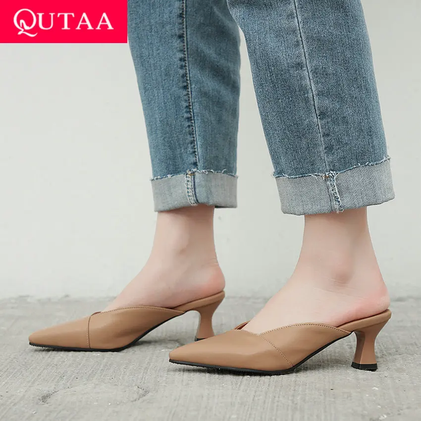 

QUTAA 2019 Women Mules Pumps Square High Heel PU Leather Pointed Toe Slingback Retro Baotou Half Slip On Slippers Size34-43