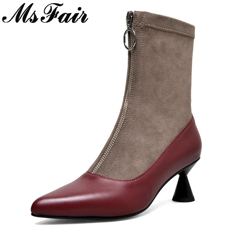 High Zipper Spitz wein Concise Schwarz Seltsame Heel Fashion Stiefel Stiefeletten rot Msfair 2018 Schuhe Schwarzes Stil Frauen Rot q5KdywayY