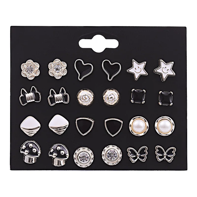 

12 Pairs/lot Cute Heart Flower Butterfly Square Geometric Mix Shaped Oil Drip Stud Earrings Set For Women Dropshipping Earings