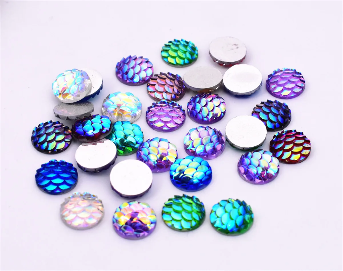 30pcs/lot 10mm New Fashion Mixed Colors Fish scales Style Flat Back Resin Cabochons Cameo Jewelry Accessories Supplies | Украшения и