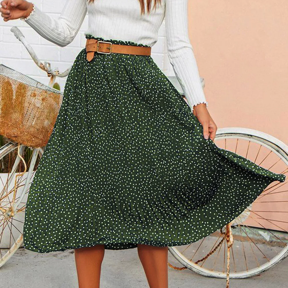 Модная женская плиссированная юбка в горошек с принтом, Boho, длинная юбка макси для вечеринки, jupe femme - Цвет: Зеленый