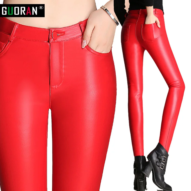 

PU faux leather pants & capris women high waist skinny velvet warm 2016 winter Plus size causal pencil pants female trousers