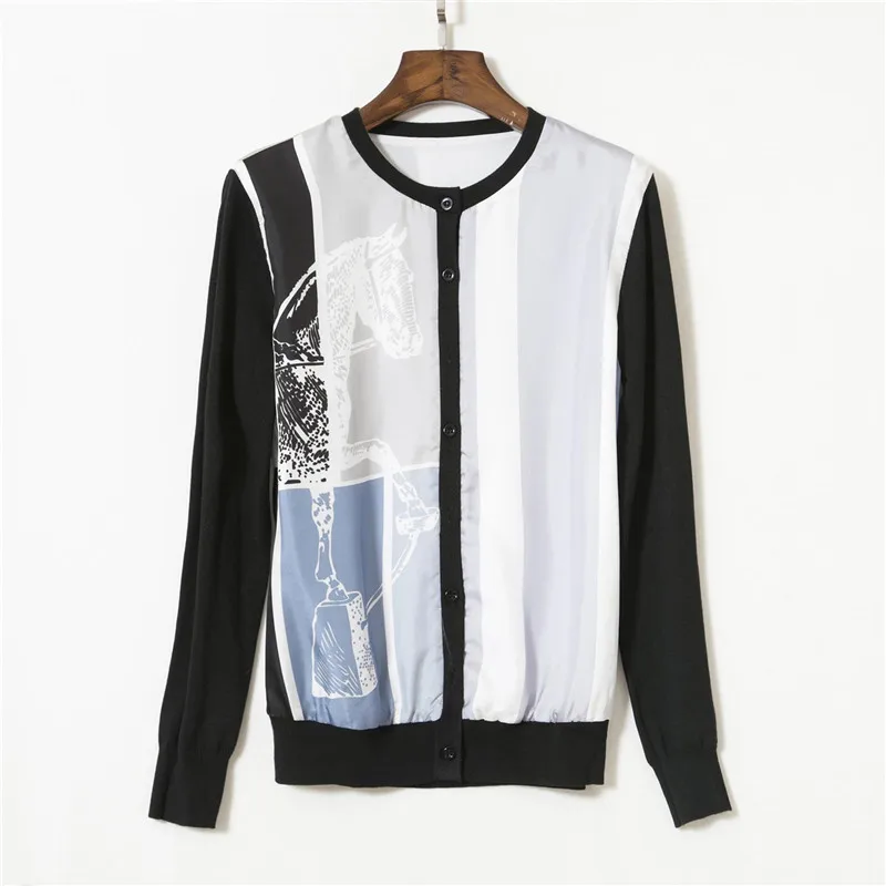 ^*Best Offers Luxury Designer Brand Knitted Cardigans for Women O Neck Contrast Color Horse Print Silk Spliced Loose Wool Knitted Sweater