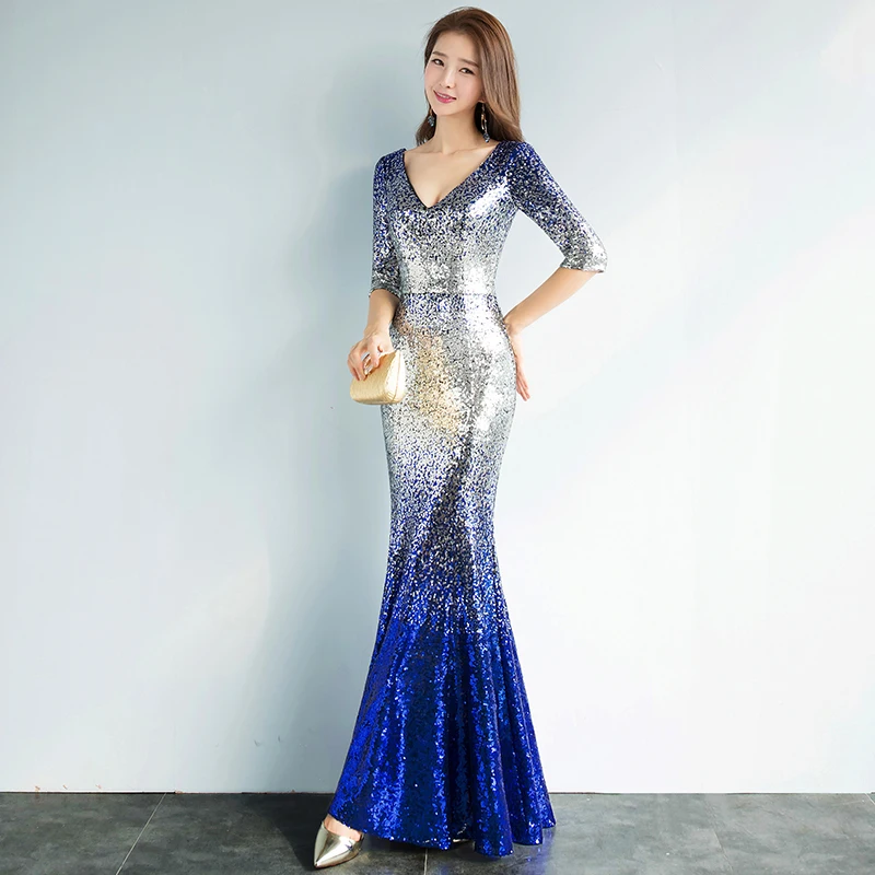 Women's evening dress Elegant sexy V-neck Long Evening party Dresses starry sky blue Empire Mermaid Lace V-neck Evening Dresses