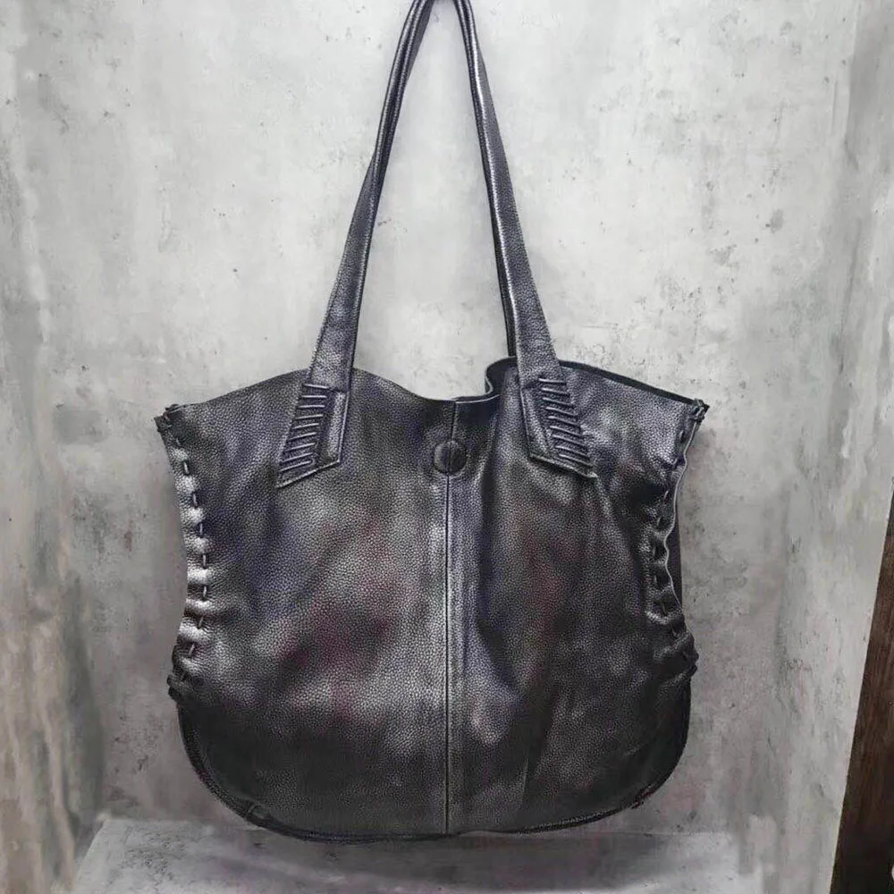 

2019 New Large Capacity Brushed Genuine Cow Leather Patchwork Women Tote Handbag Ladies Single Shoulder Bag Handmade
