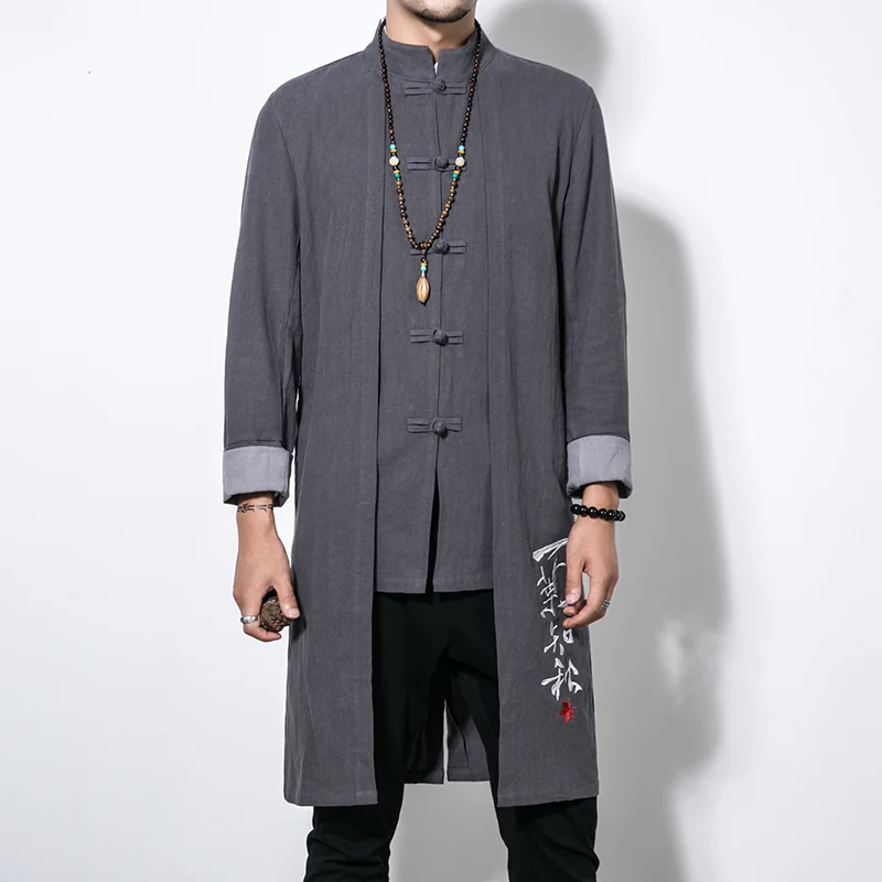  Hot Mens Coats & Jackets Trench Autumn Cotton and Flax Men Long Coat Fashion Chinese Style Casual M