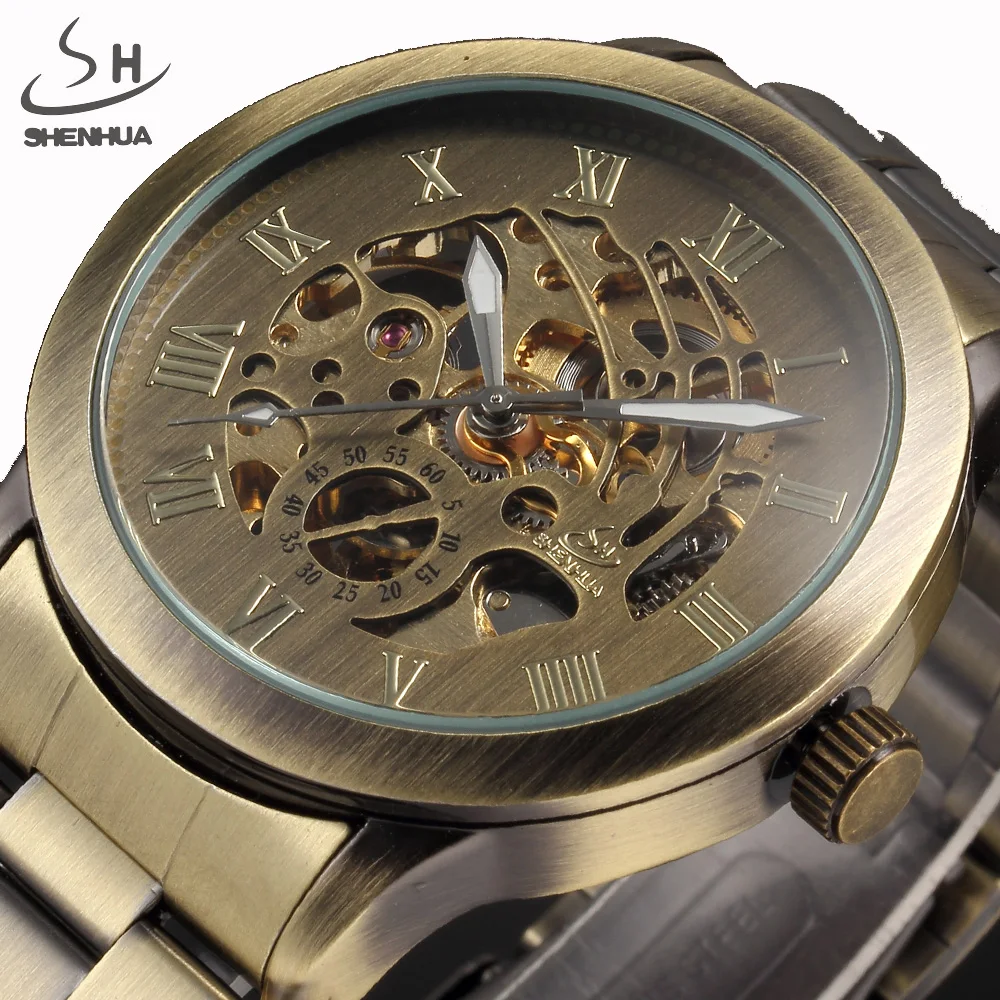 

SHENHUA Luxury Brand Bronze Men Skeleton Mechanical Watches Male Clock Stainless Steel Strap Fashion Casual Automatic Watch