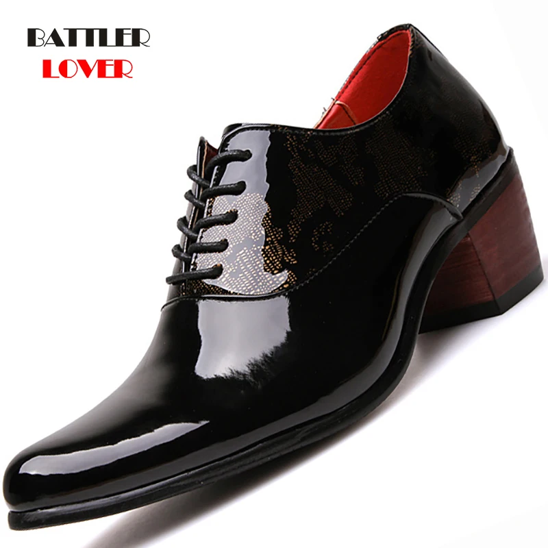 Business Men Dress Shoes Patent Leather Pointed Toe Wedding Formal Shoes Men Wood Outsole Office Footwear Male High Heels Shoes