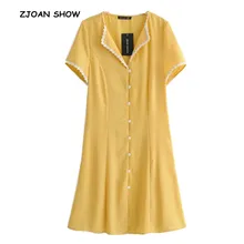 Новое винтажное французское кружевное платье с v-образным вырезом, однобортное мини-короткое платье с пуговицами, желтые женские платья с коротким рукавом, Vestidos