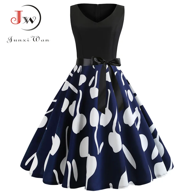 Blue Vintage Dresses 2020 Floral Print Summer Dress for Women 50s 60s Sleeveless Sexy V Neck Party Dress Robe Vestidos Mujer