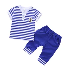 Модный летний комплект одежды для маленьких мальчиков, хлопковый комплект одежды в полоску для младенцев, A002