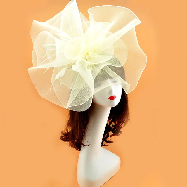 Vintage Bridal Flower Feather Hats Elegant Wedding Accessories Bride Net Hats White Fascinator Hats Women's Formal Occasion Beige