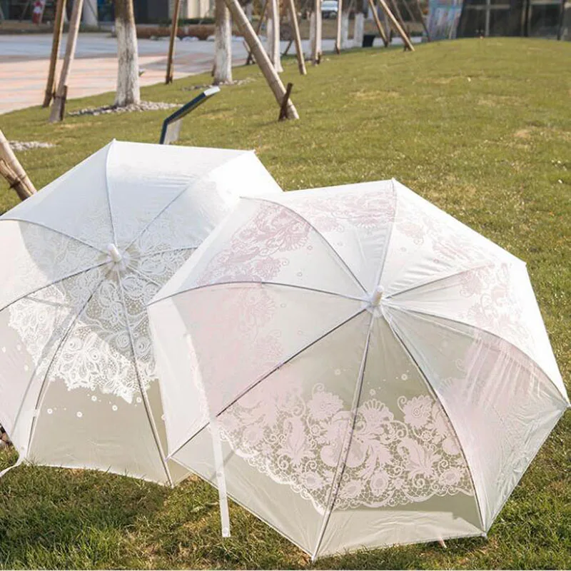 10pcs Translucence White Flower Design Umbrella Rain Women Girl Paraguas Long Handle Umbrellas