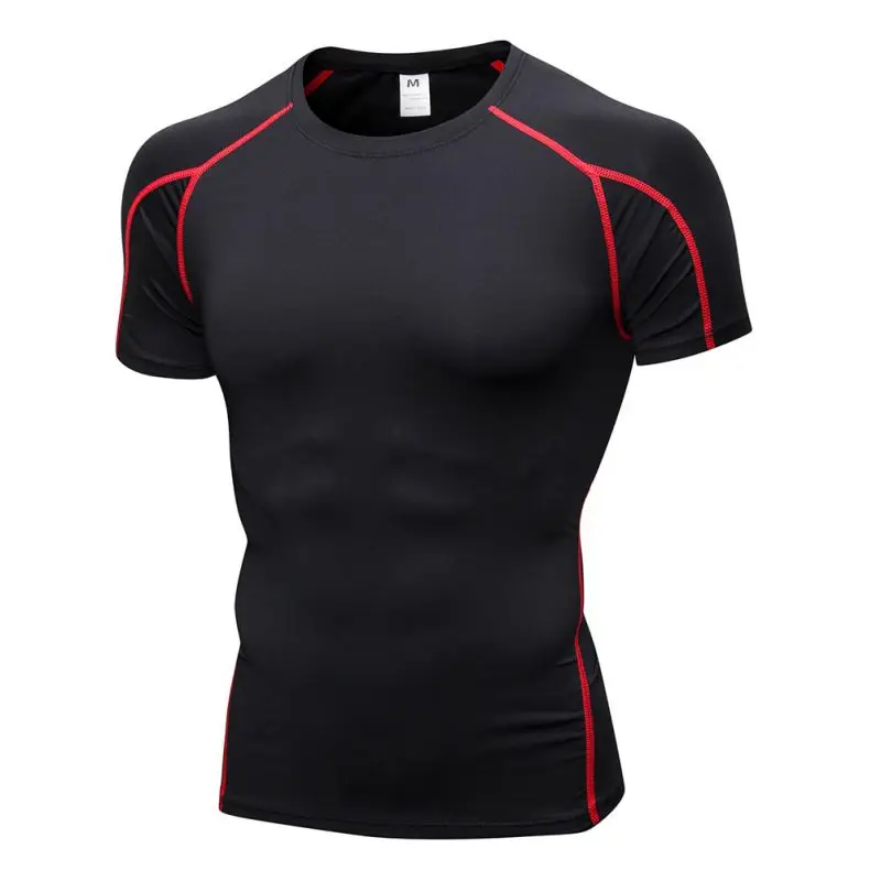 Летняя Спортивная Мужская дышащая облегающая футболка с коротким рукавом для фитнеса и бега, стрейчевая быстросохнущая футболка - Цвет: black and red