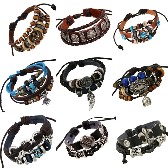 Vintage rope leather mens bracelets leather rope hand woven bracelet