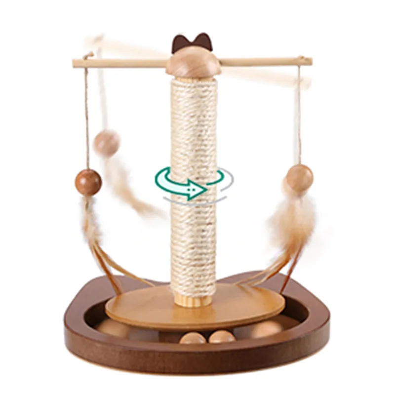 Multifunctional Teasing Toy For Cats Durable 360° Rotating Rod Cat Toys With Feather Wooden Balls Scratching Sisal Post