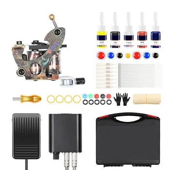 

Complete Tattoo Kit Single Coil Machine Gun Professional Tattoo Starter Kit 5 Inks Power Supply And Carry Case For Body Art