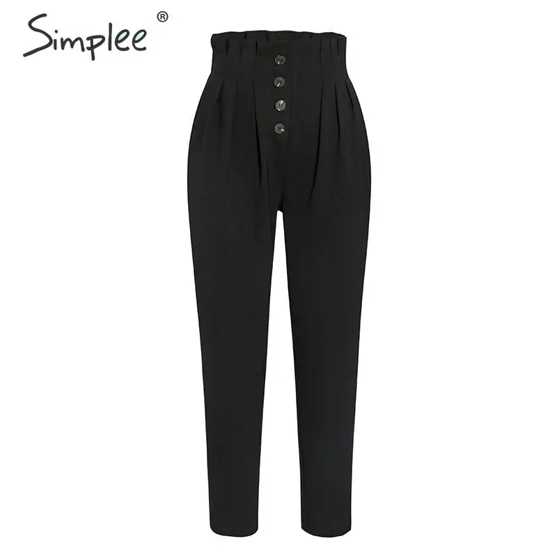Simplee эластичные брюк кнопки высокой талии женские Повседневная сплошная уличная женские брюки Офисные - Цвет: Черный