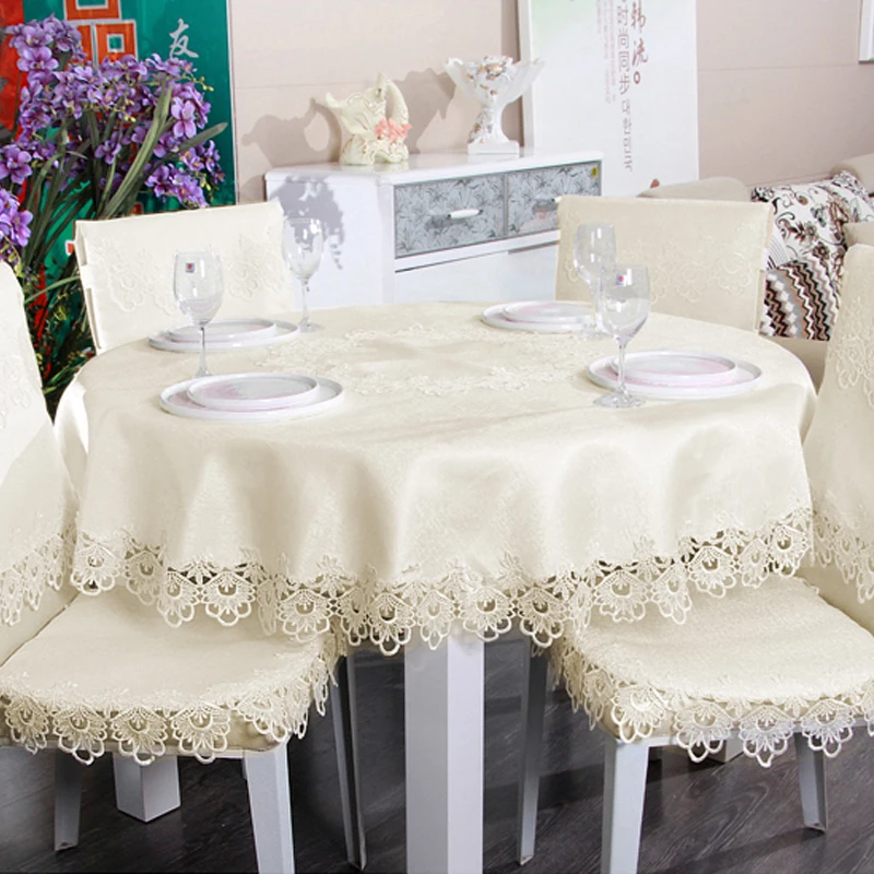  Romantic Ivory Round Tablecloth for Wedding Party Lace Floral Embroidered Edge Table Covers Soild D
