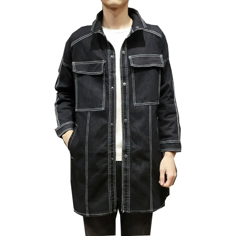 men denim jackets for men cotton outerwear jean jacket men Long black Slim Fit Casual With