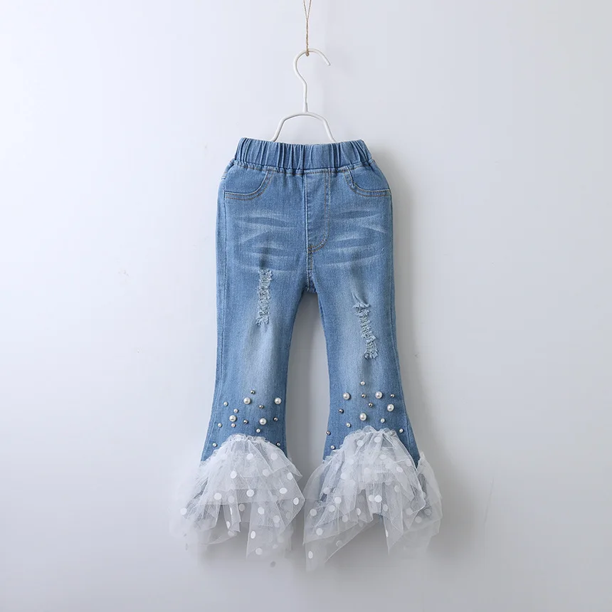 

2019 Spring Kids Denim Patchwork Pants Pearl Lace Voile Girl's Flared Jeans Pants Hole Fashion Kids Clothes