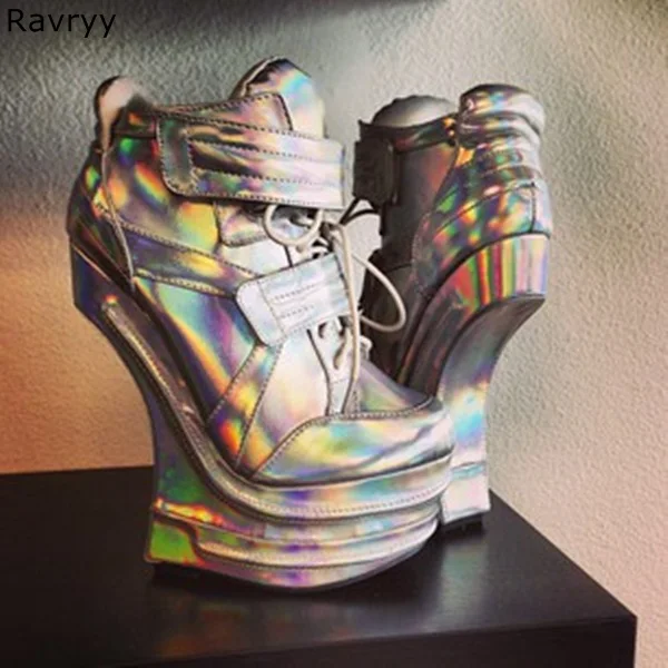 

Strange Style Heel Cool Party Club Silver Ankle Boots Lace up Ankle Hook&loop Design Women Short Boot Fashion Style Female Shoes
