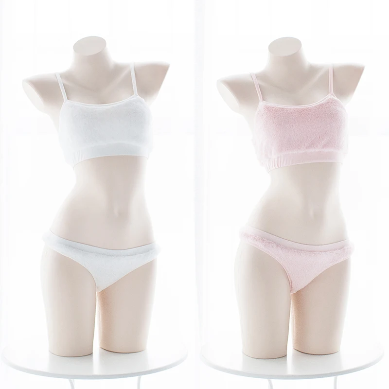 

Kawaii Sexy Women Lingerie Set Lolita Pure Color Intimates Set Costume Cat Girls Plush Camisoles Set Underwear White Pink