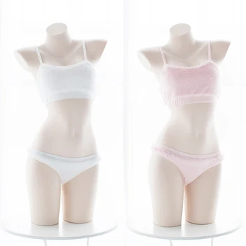 

Kawaii Sexy Women Lingerie Set Lolita Pure Color Intimates Set Costume Cat Girls Plush Camisoles Set Underwear White Pink