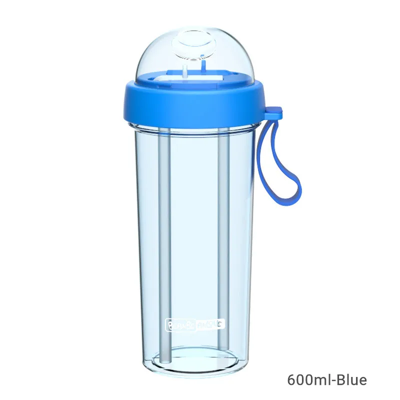 Портативная креативная бутылка для воды с двумя соломинками для путешествий на открытом воздухе, Спортивная герметичная чашка для напитков с ручкой, бутылки для питья двойного назначения - Цвет: 600ml Blue