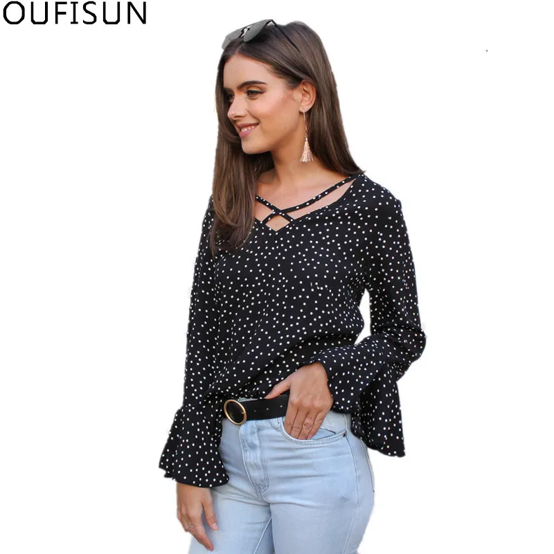 

Spring Autumn Sexy V-neck Long Sleeve Women Chiffon Shirt New Casual flare Sleeve Hollow Out Tops polka Dot Loose Ladies Shirts