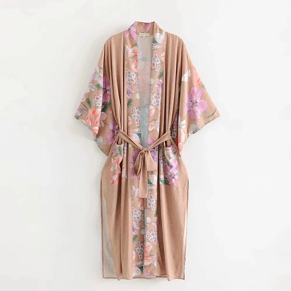 Withered trench women bohemian vintage Peacock and floral printing Wrap around kimono cardigan trench long coat women plus size