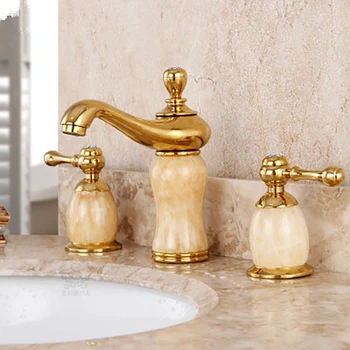

Bathroom Faucet brass made Gold jade double handle three Hole Sink Basin Faucet Cold Hot Water Mixer taps Bathroom Basin