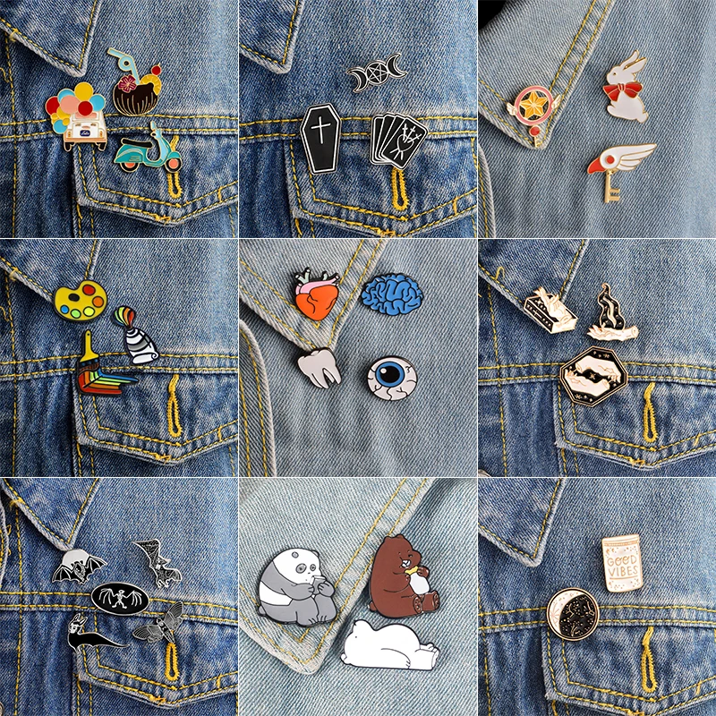 

Hot Cute Panda Polar Bear Brooch Set Fashion Bat Heart Brain Teeth Brush Board Metal Enamel Badge Pin Trendy Jewelry Gift