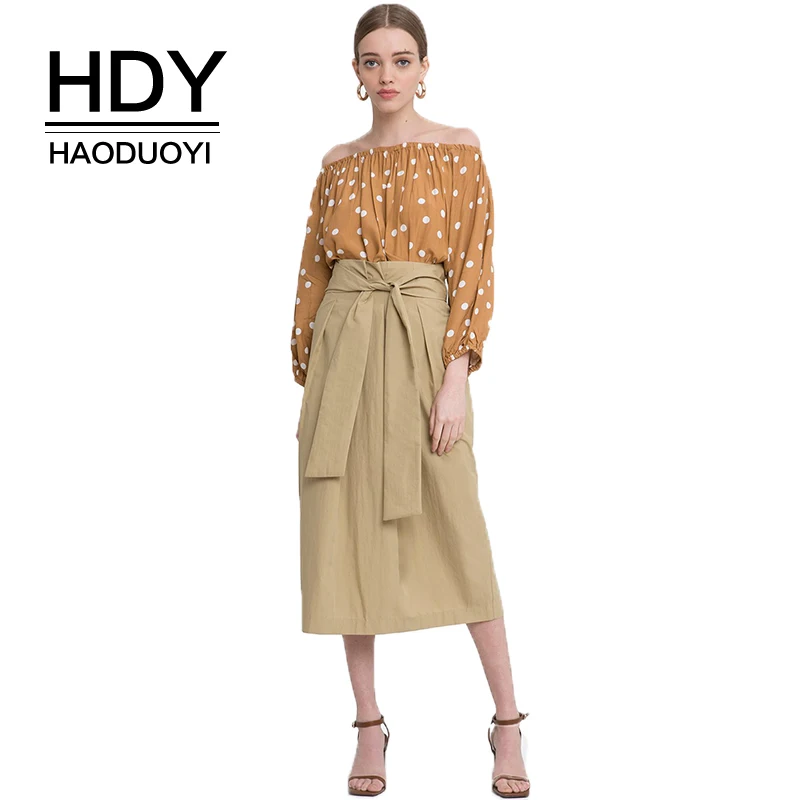 

HDY Haoduoyi 2019 New Tie Waist Brief Skirts Solid Office Lady High Waist Mid-calf Skirts Straight Women Skirts For Female