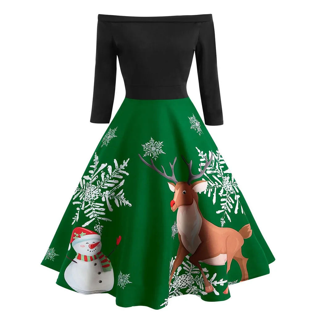 Рождественское платье для вечеринки, сексуальное винтажное женское вечернее платье с открытыми плечами и вырезом лодочкой, женское рождественское платье с принтом, Vestidos, Z326